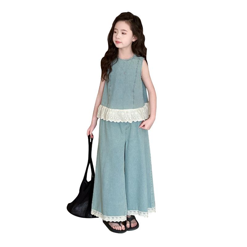 Summer 2026 Girls' Tencel Set: Sleeveless Denim Top & Lace Loose Pants
