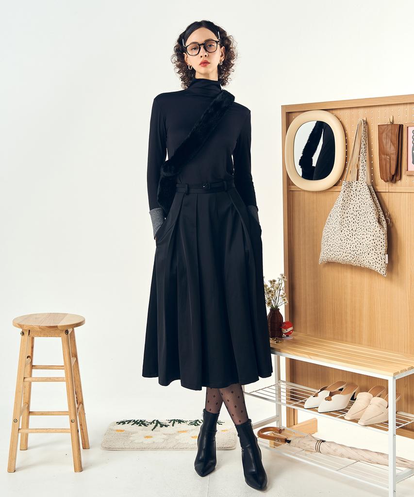Pelimela Satin A-Line Belted Skirt Set (Black)