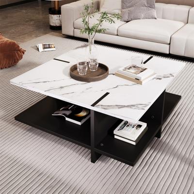 Coffee Table 2-Tiers Large Capacity Marble Tabletop Opening Compartments Black White Color Strong Load-bearing Square Wood Center Table Home Furniture