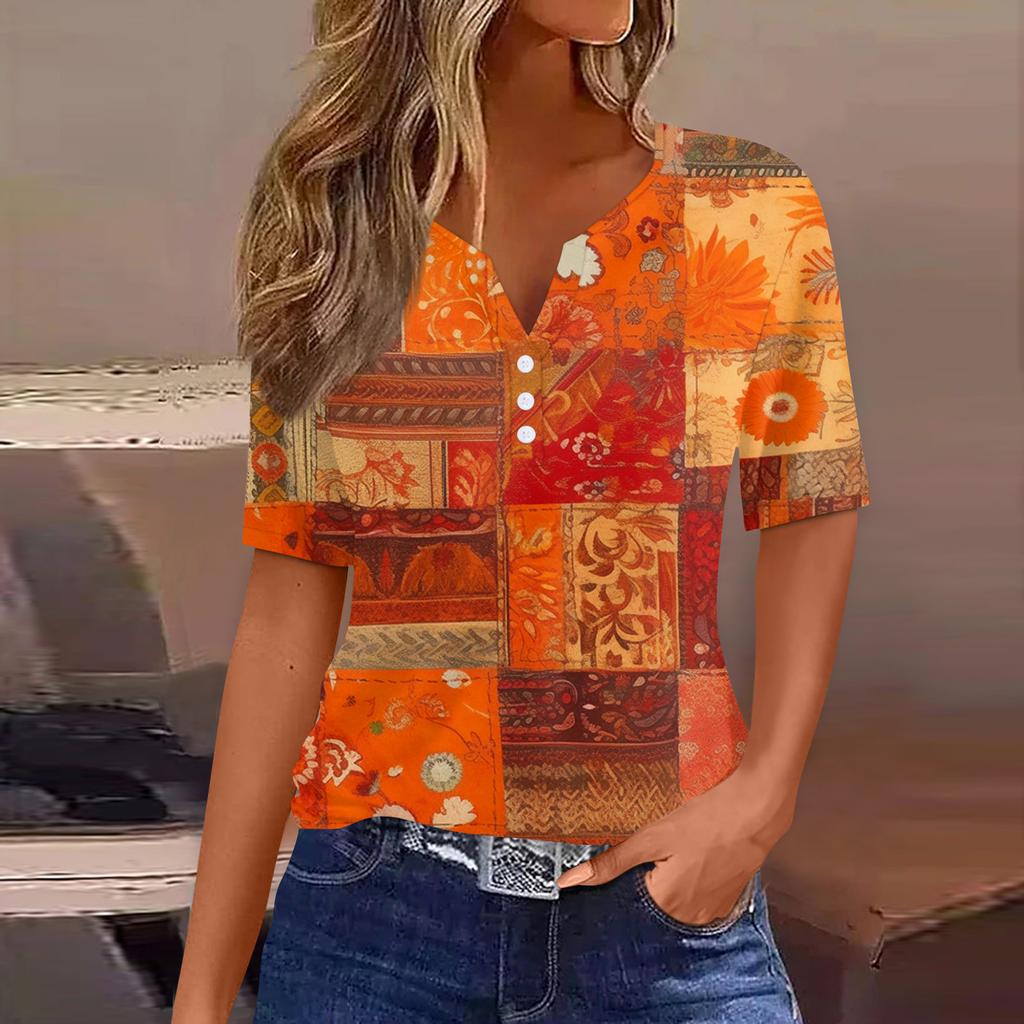 Women's T Shirt Print Button Short Sleeve Daily Weekend Fashion Basic V-Neck Regular Top