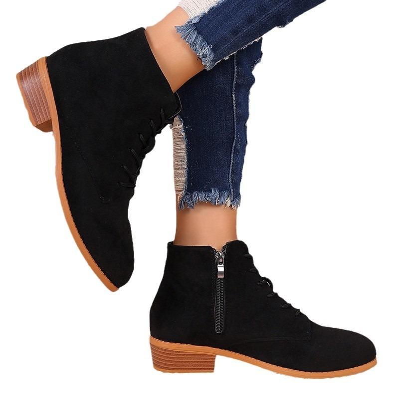 Flat low-heeled Martin boots women's autumn and winter new matte suede short thin boots lace-up side zipper women's boots