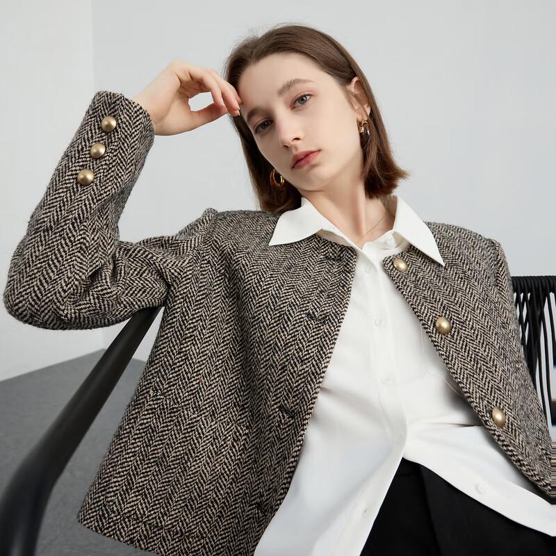 

Sancai 2025 Winter Herringbone Short Padded Wool Blend Coat S