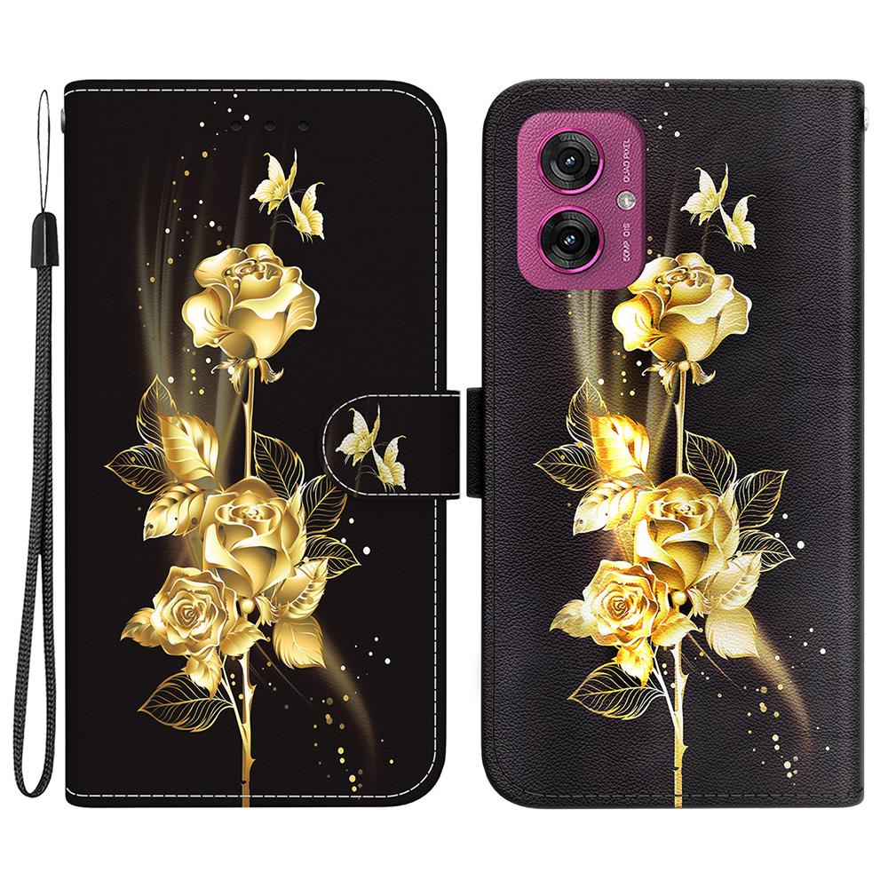 

For Motorola Moto G55 5G Wallet Phone Case Anti-Drop Leather Flip Cover Pattern Printing Gold Butterfly Rose