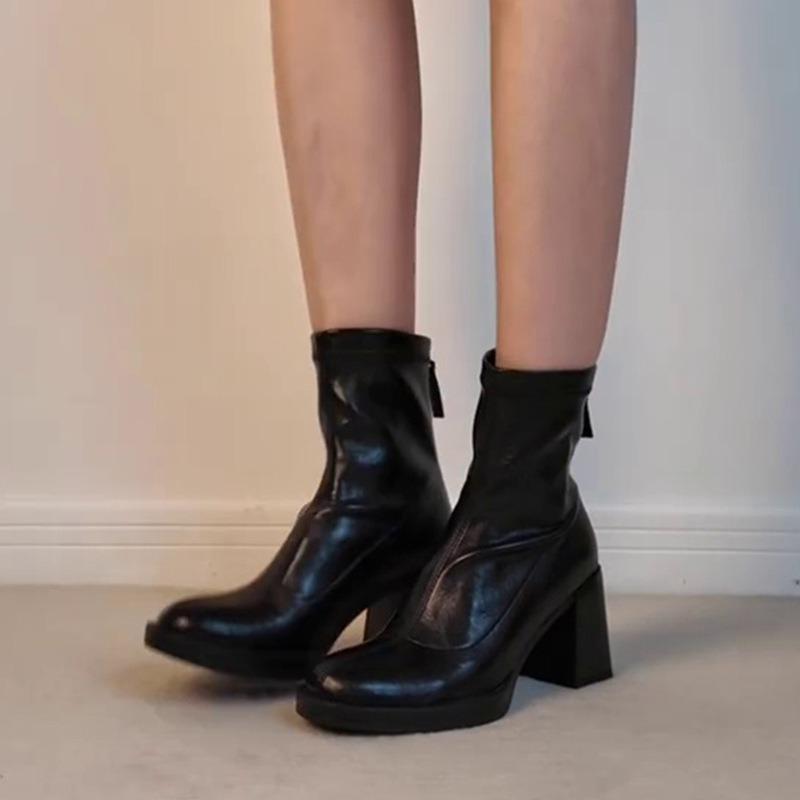 

Sheepskin version~ high heel short boots temperament versatile thin boots elastic boots new retro square head thick heel short boots 39 чорний