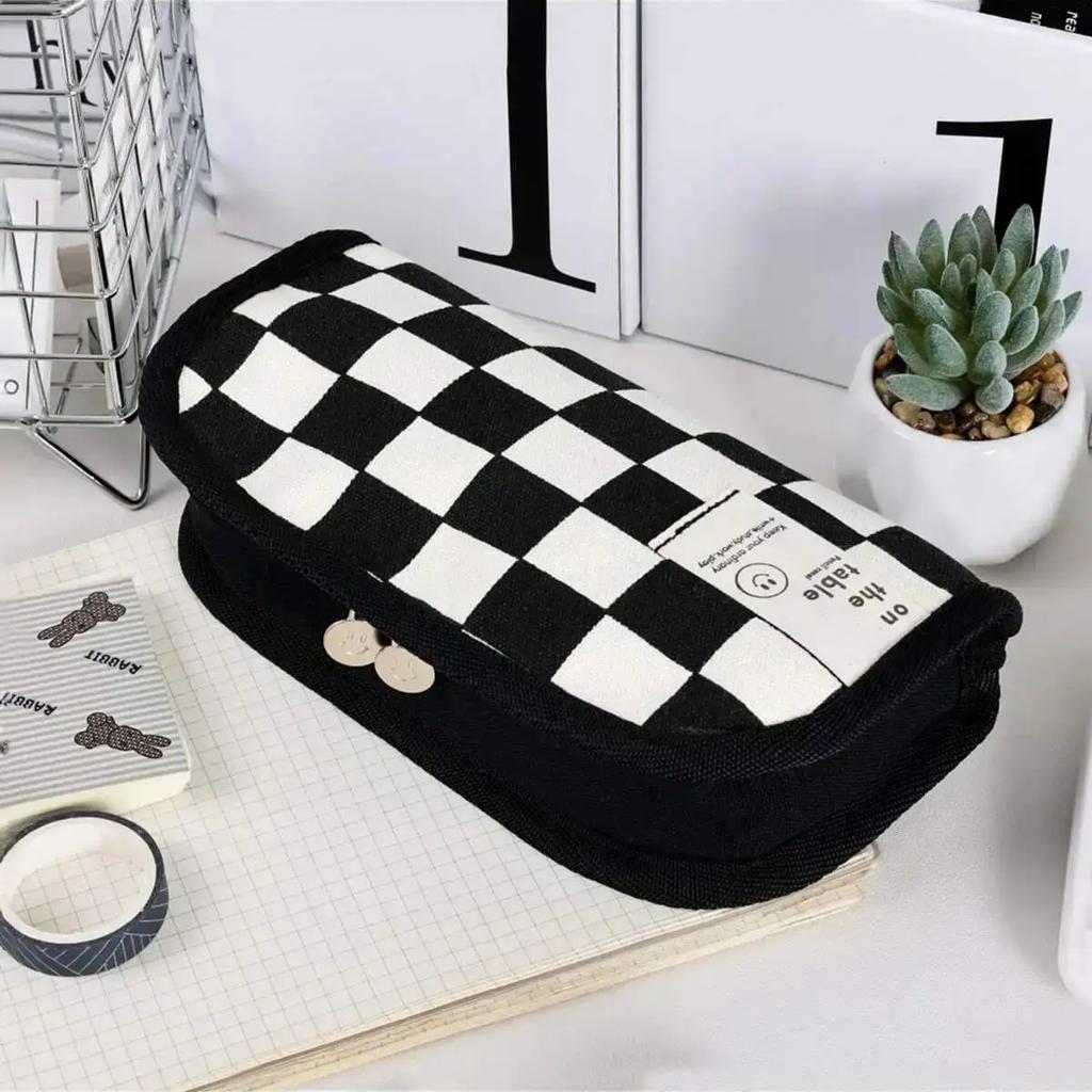 1pc Black Checkerboard Grid Large High Value Storage Pencil Bag Stationery Box
