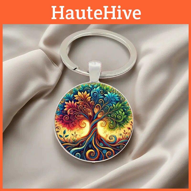 Life Tree Glass Pendant Keyring With Colorful Line Pattern For Festival And Recognition Gifts