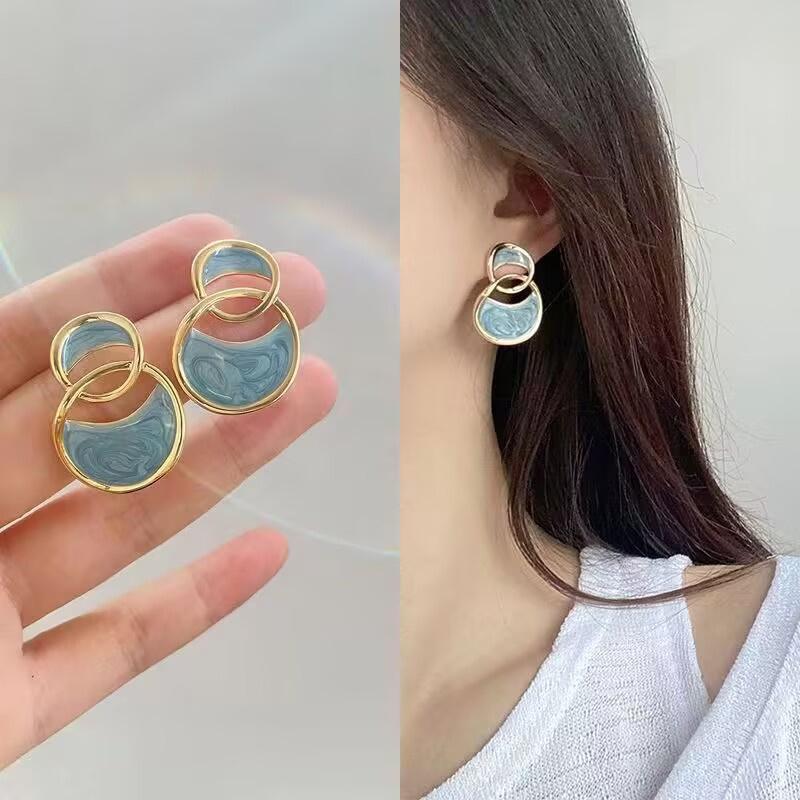 New Geometric Circular Blue Enamel Glaze Earrings Pendants For Women Fashion Luxury Elegant Drop Earrings Jewelry Gifts