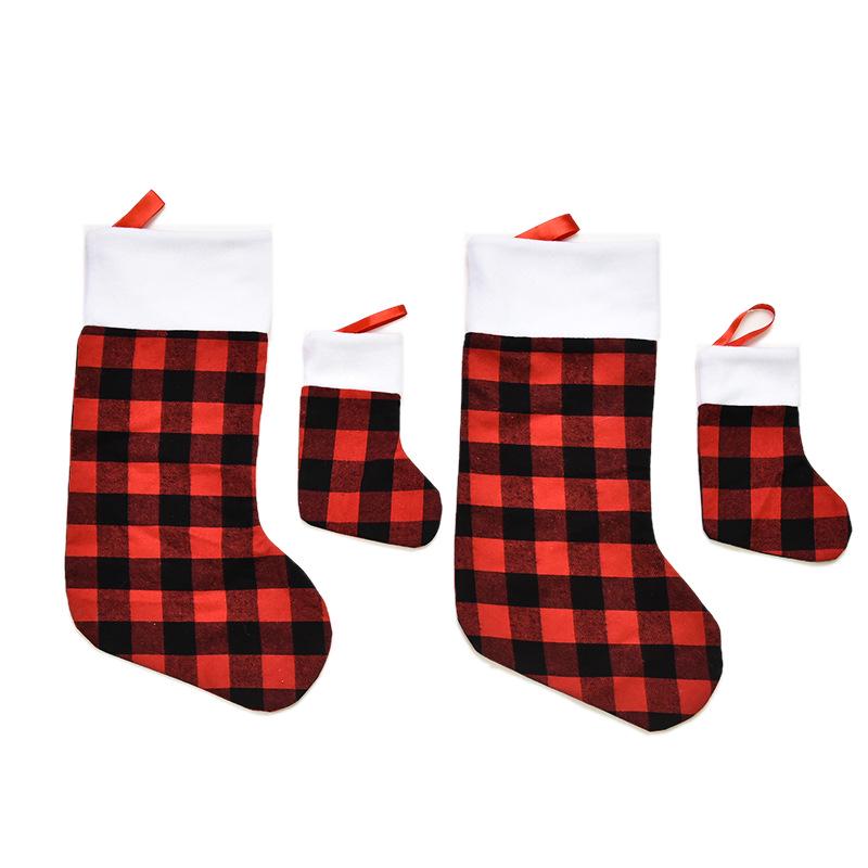 Red and Black Plaid Christmas Stocking Ornaments with Plush Details