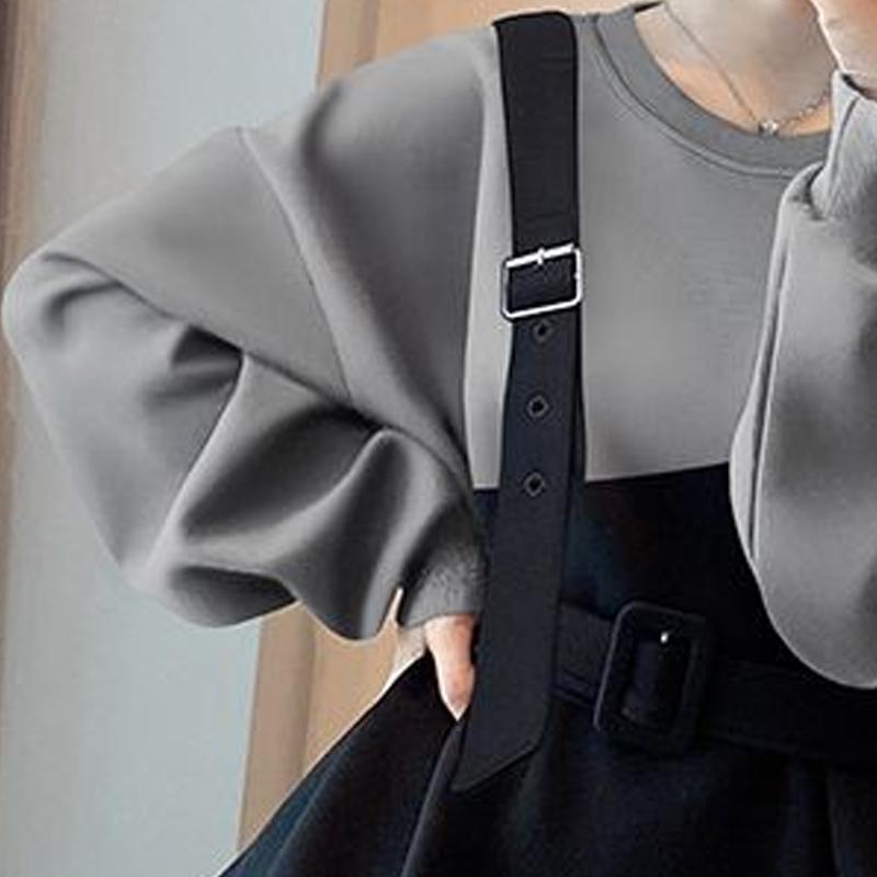 Spring Autumn New Round Neck Long Sleeve Contrast Color Patchwork Fashion Sweater Women Cotton Fake Two Pieces Casual Tops