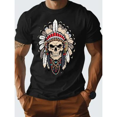 Europäische Größen Herren's Indianer Kopfschmuck & Totenkopf Grafik T-Shirt - Kräftiger Stammesdruck mit Feder- und Perlenstickerei Design