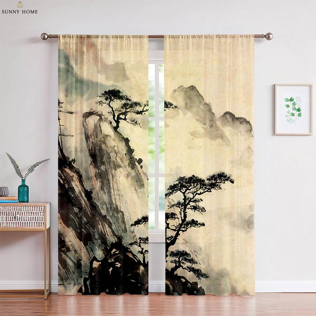 Set Of 2 Landscape Ink Painting Printed Curtains Black White Bedroom Living Room Study Decorative Made Polyester Great Window Treatment