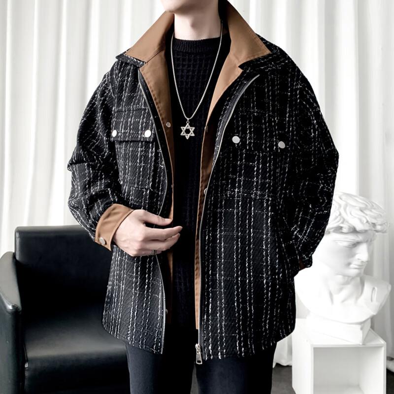 ROMON Men's Hooded Faux Two-Piece Grid Jacket