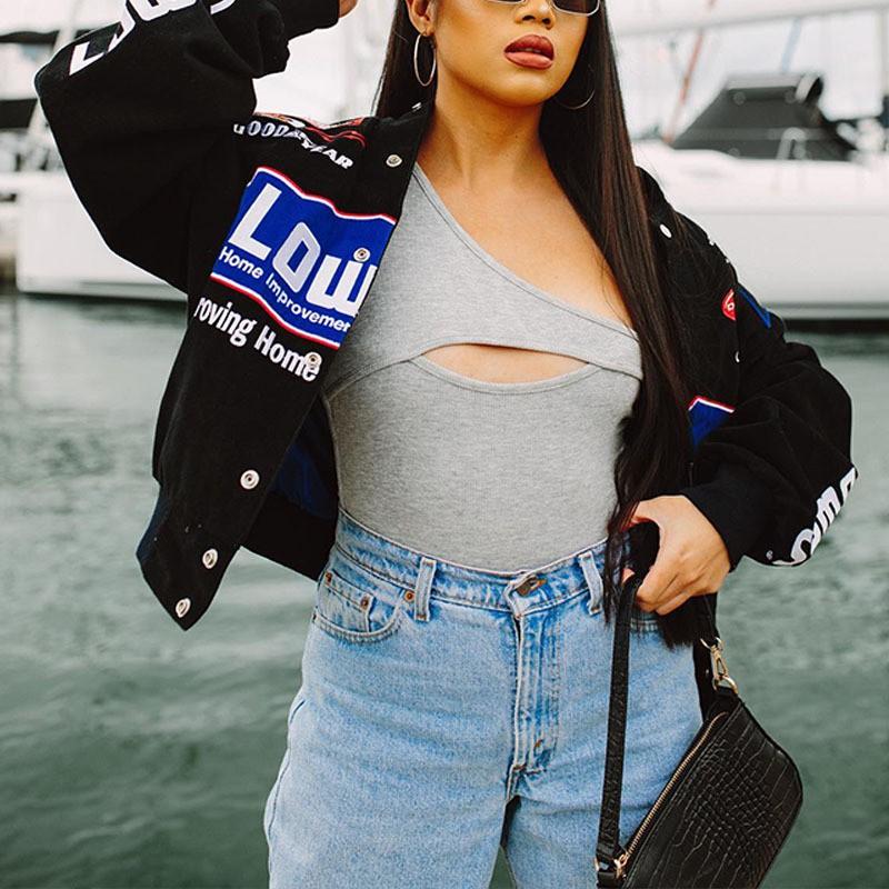 Womens Oversized Black Printed Streetwear Windbreaker Jacket Long Sleeve Casual Cycling Outerwear
