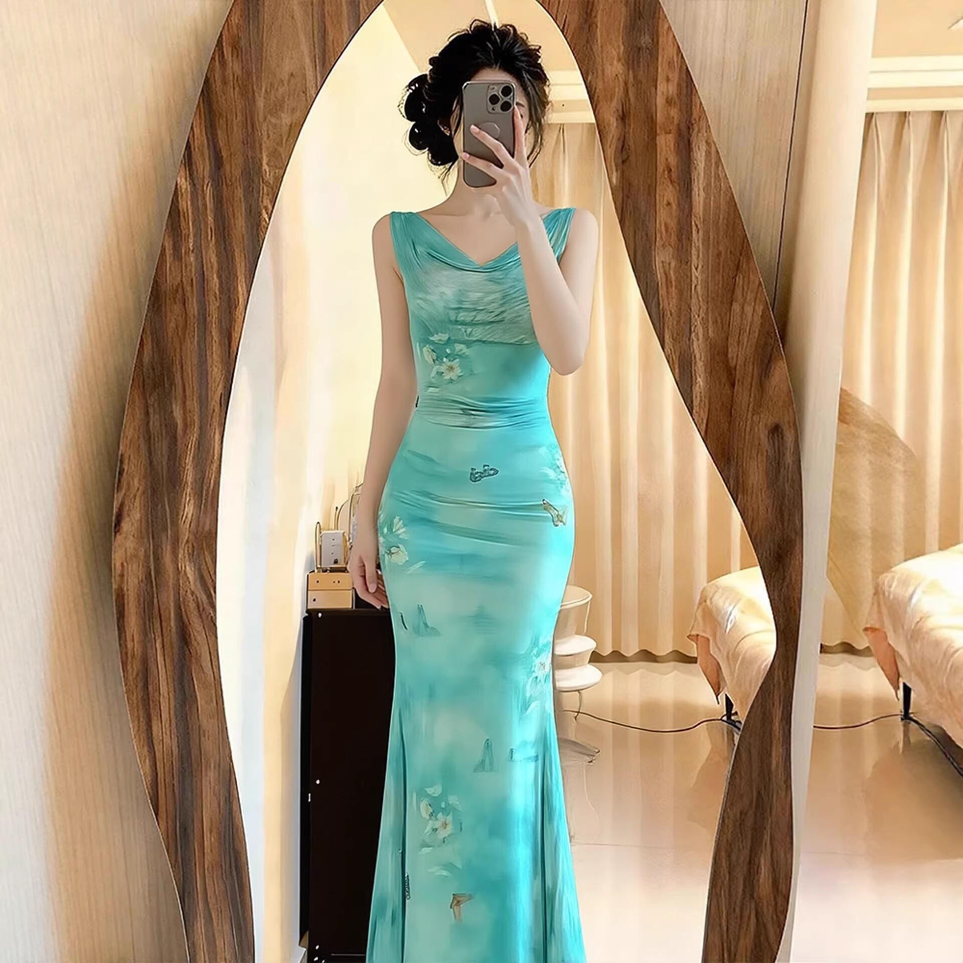 Mint Mambo Spaghetti Strap Mermaid Dress with Butterfly Print Extra Large зелёный