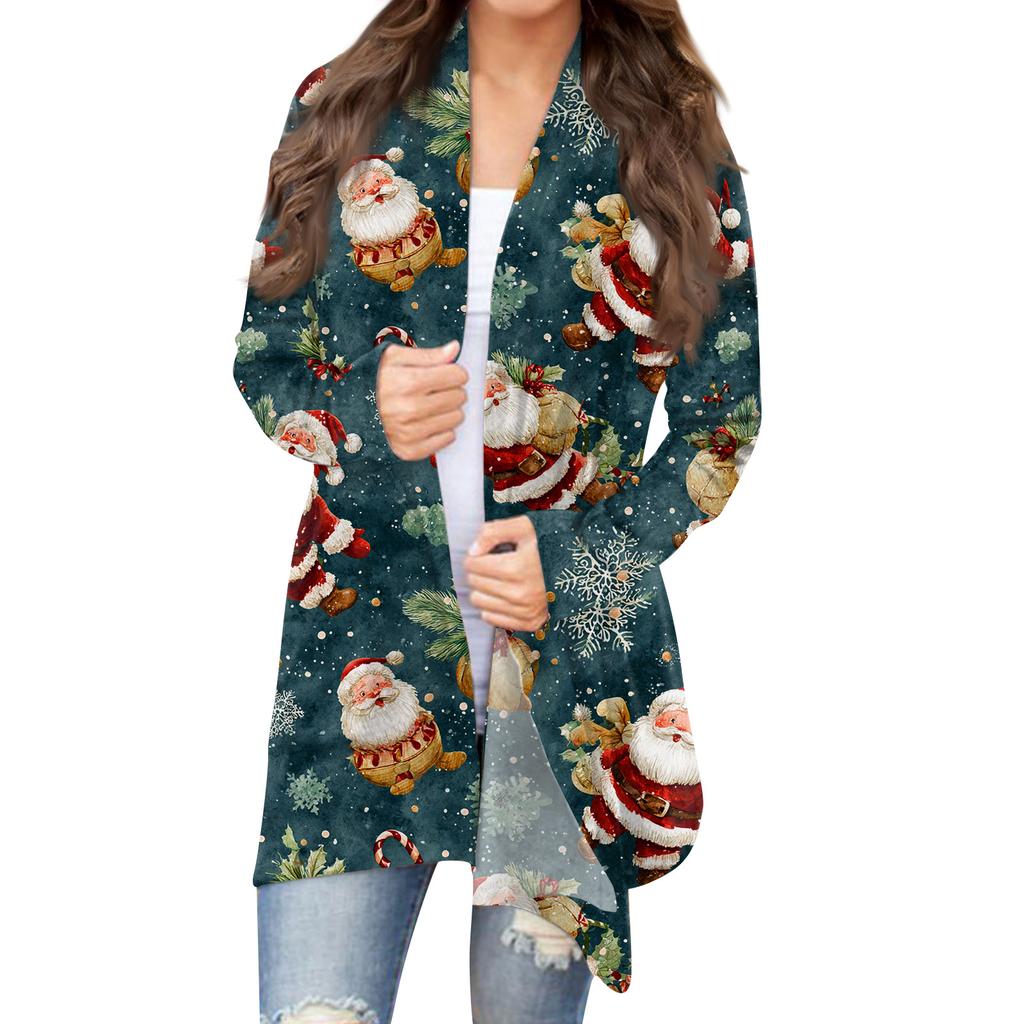 Damemote Juletrykkjakke Langermet Casual Cardigan Coat