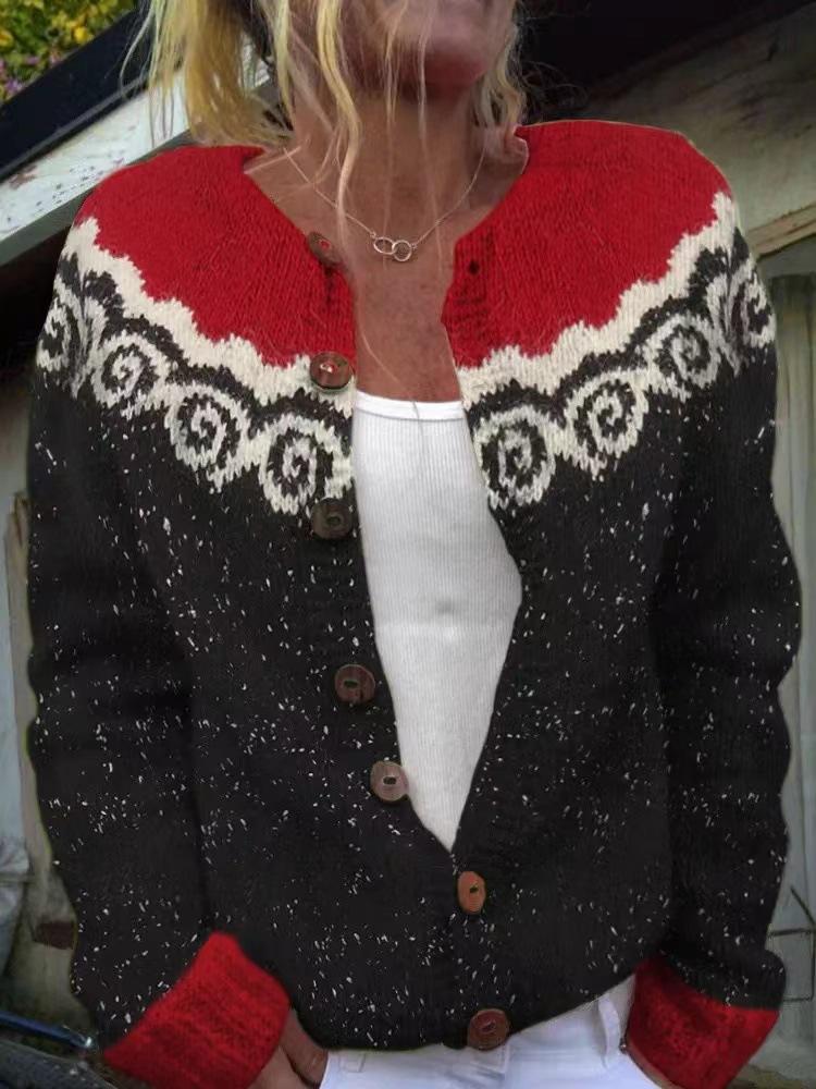 Women's Pink V-Neck Knit Cardigan with Jacquard Floral Pattern