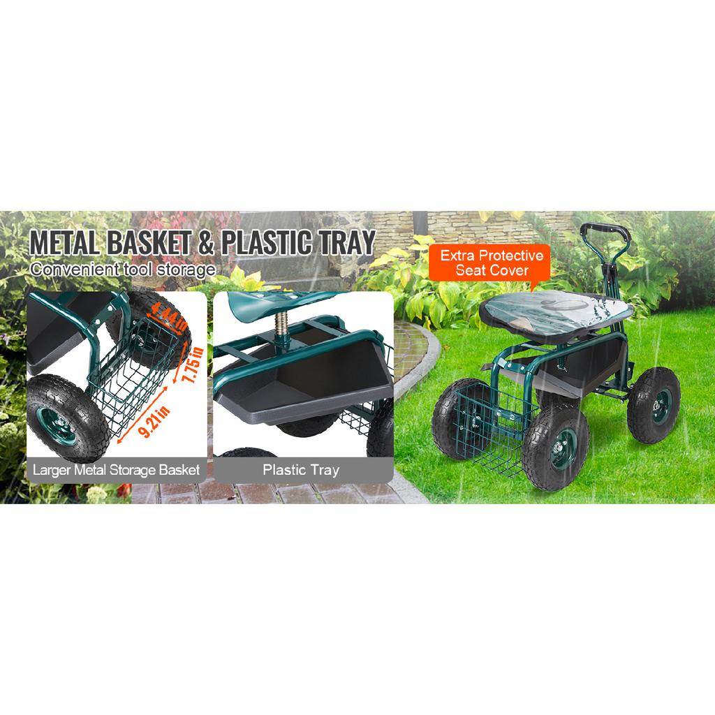 SucceBuy Garden Cart Rolling Workseat with Wheels Gardening Stool for Planting 360Degree Swivel Seat Wagon Scooter with Steering