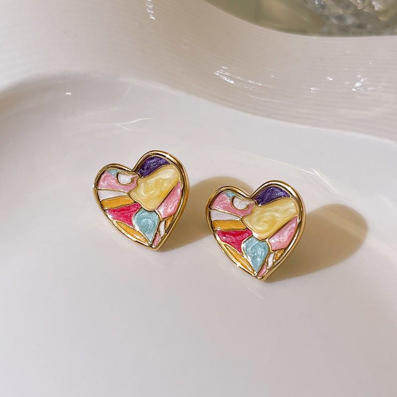 French Drip Glaze Heart Stud Earrings for Women - 2025 New Niche Design, Simple and Fresh Style