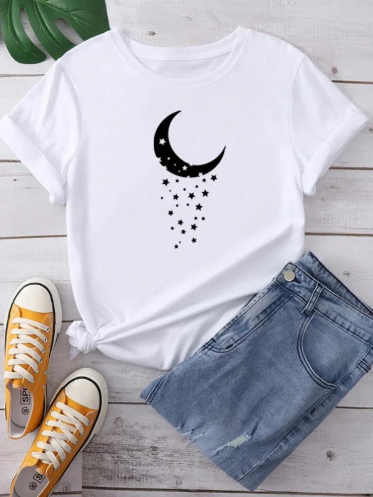 White Moon Print Women T Shirt Short Sleeve O Neck Loose Women Tshirt Ladies Fashion Tee Shirt Tops Clothes Camisetas Mujer