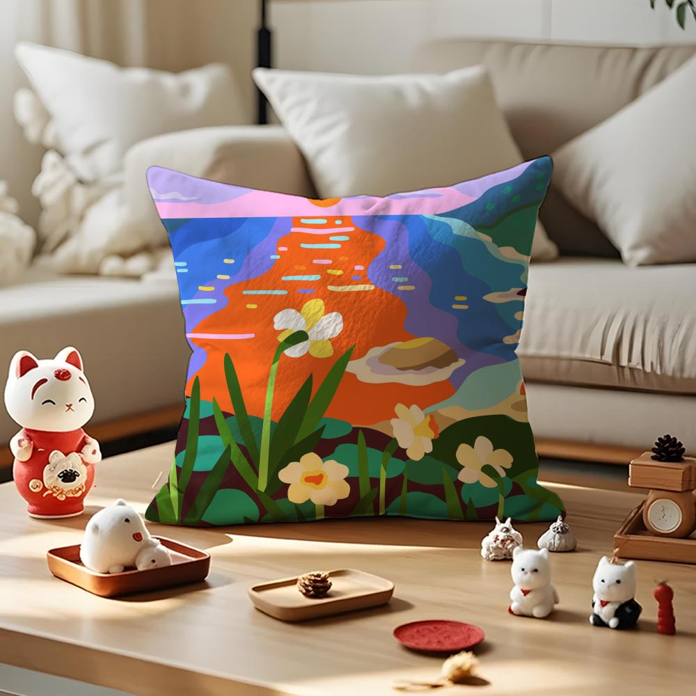 

Colorful Geometric Landscape Pillow Case Antidustmite Pillowcase Invisible Zipper Silky Short Plush Sofa Cushion Cover 30x30cm