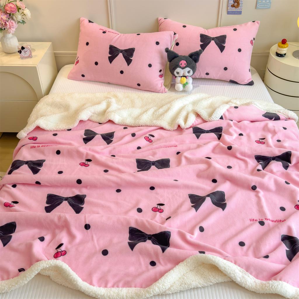 Cartoon Bowknot Printed Coral Fleece Blanket Thickened Artificial Lambswool Spring Autumn Warm Blankets For Bed Sofa Nap Blanket
