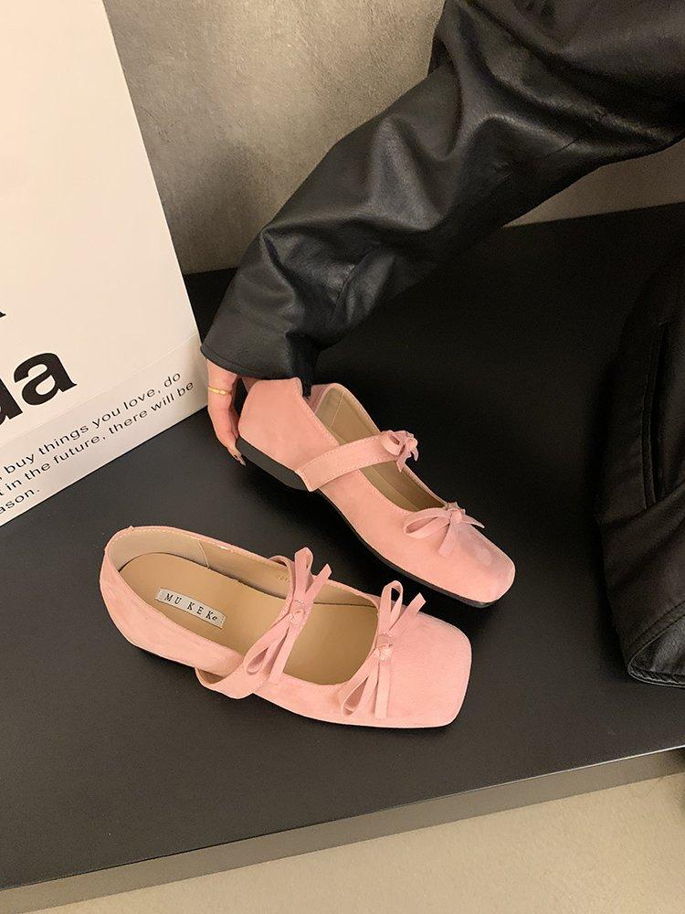 Gentle Bow Ballet Shoes with One Word French Inner Height Increase Mary Jane Shoes Women's Spring and Autumn Suede Platform Single Shoes