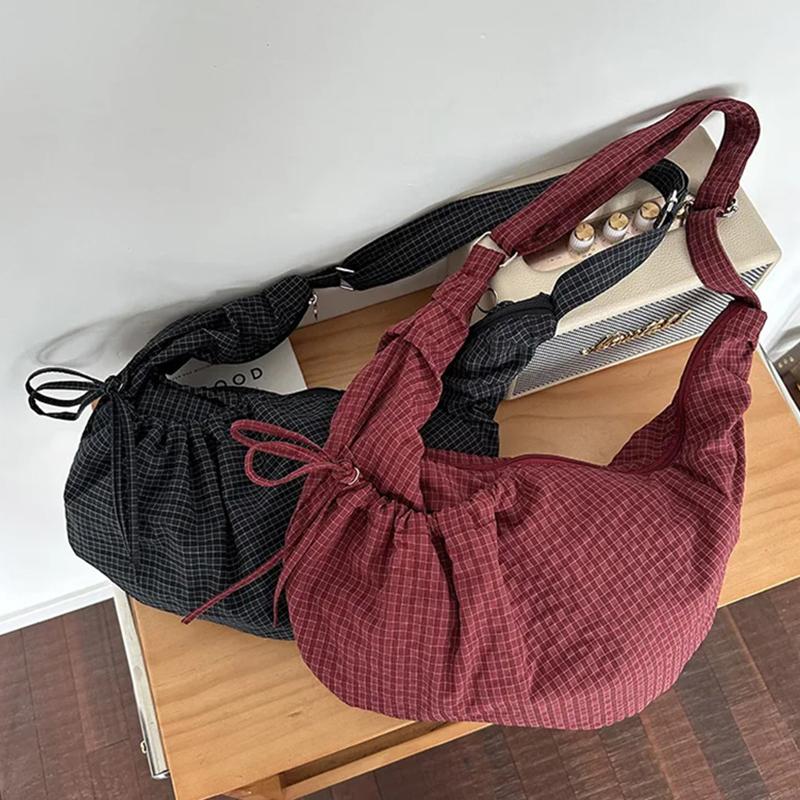 Koreanische Leinwandtasche Fashi Plissierte Karomuster-Tragetasche Kordelzug Lässige Umhängetasche Nyl Pendler-Umhängetasche Reißverschluss Knödeltasche