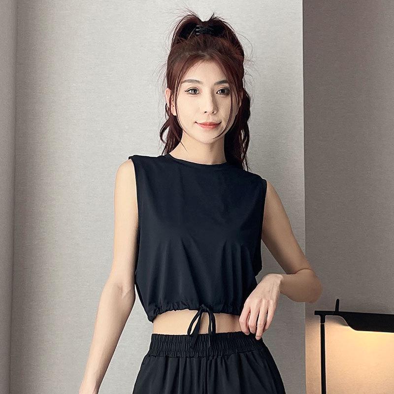 Women's Black Sun Protection Sportswear Set: Summer Quick-Dry Fitness Top & High-Waisted Wide-Leg Pants