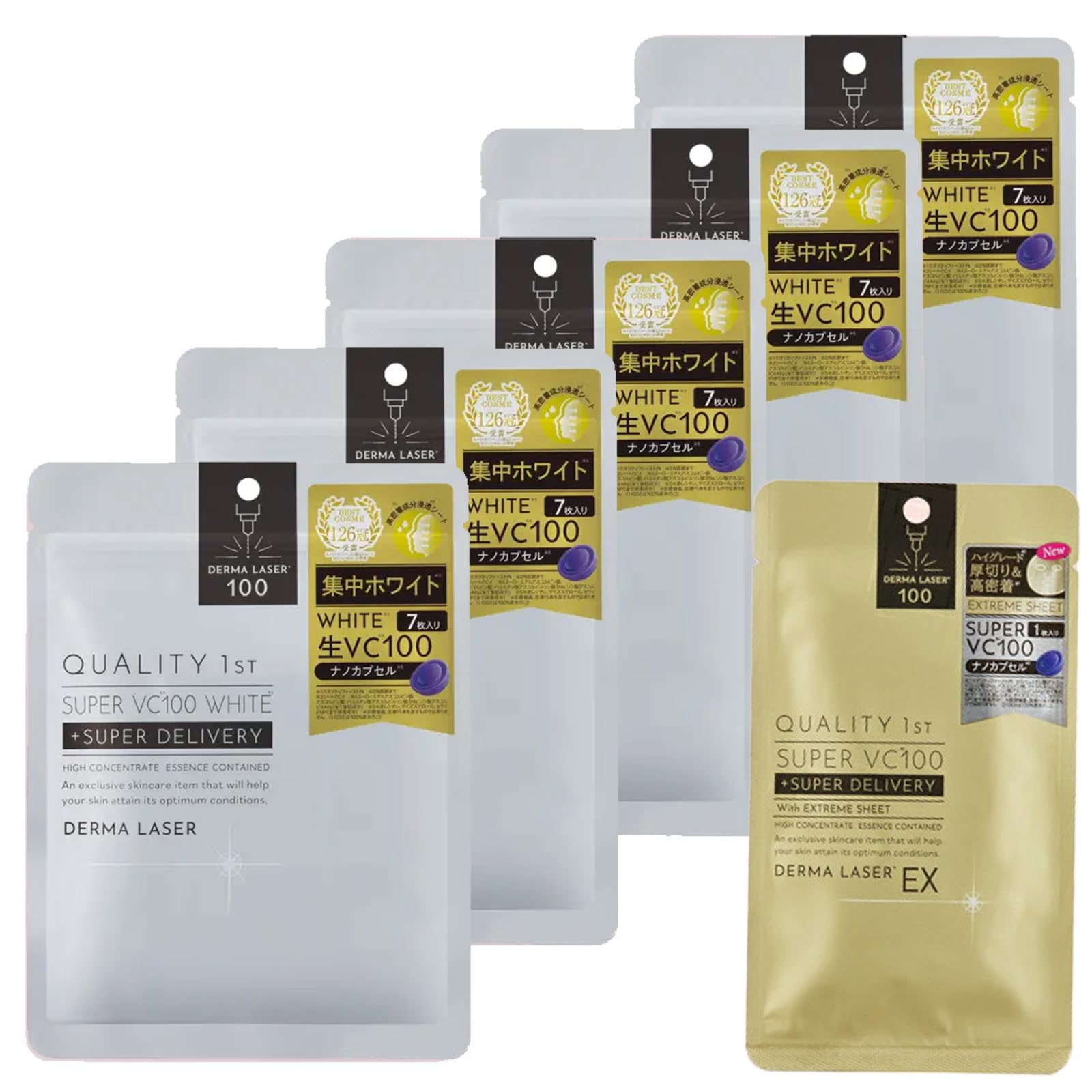 

Quality 1st Derma Laser Super VC100 White Mask Face Pack Sheet Mask Brightening Made in Japan Includes 1 EX Super VC Mask (5-pack) / (Vitamin C) /