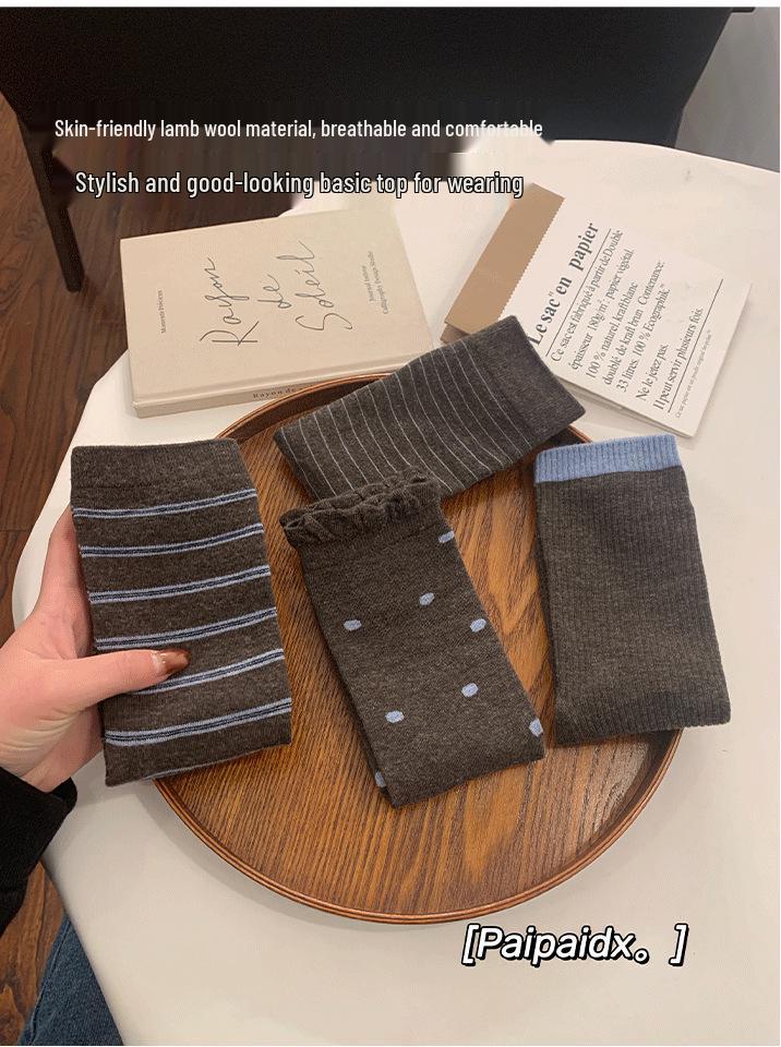 Women's 2025 Winter Wool Socks: Striped & Polka Dot, Plus Velvet, Thickened Mid-Calf Style.