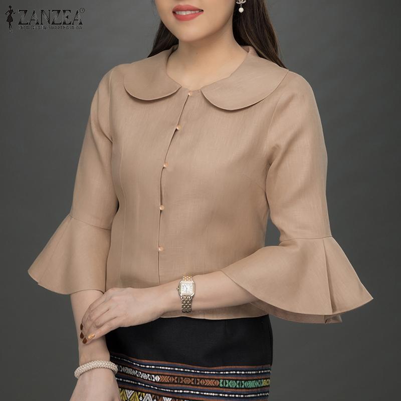 ZANZEA Damen Herbst Revers 3/4 Ärmel Patchwork Rüschen Hemden