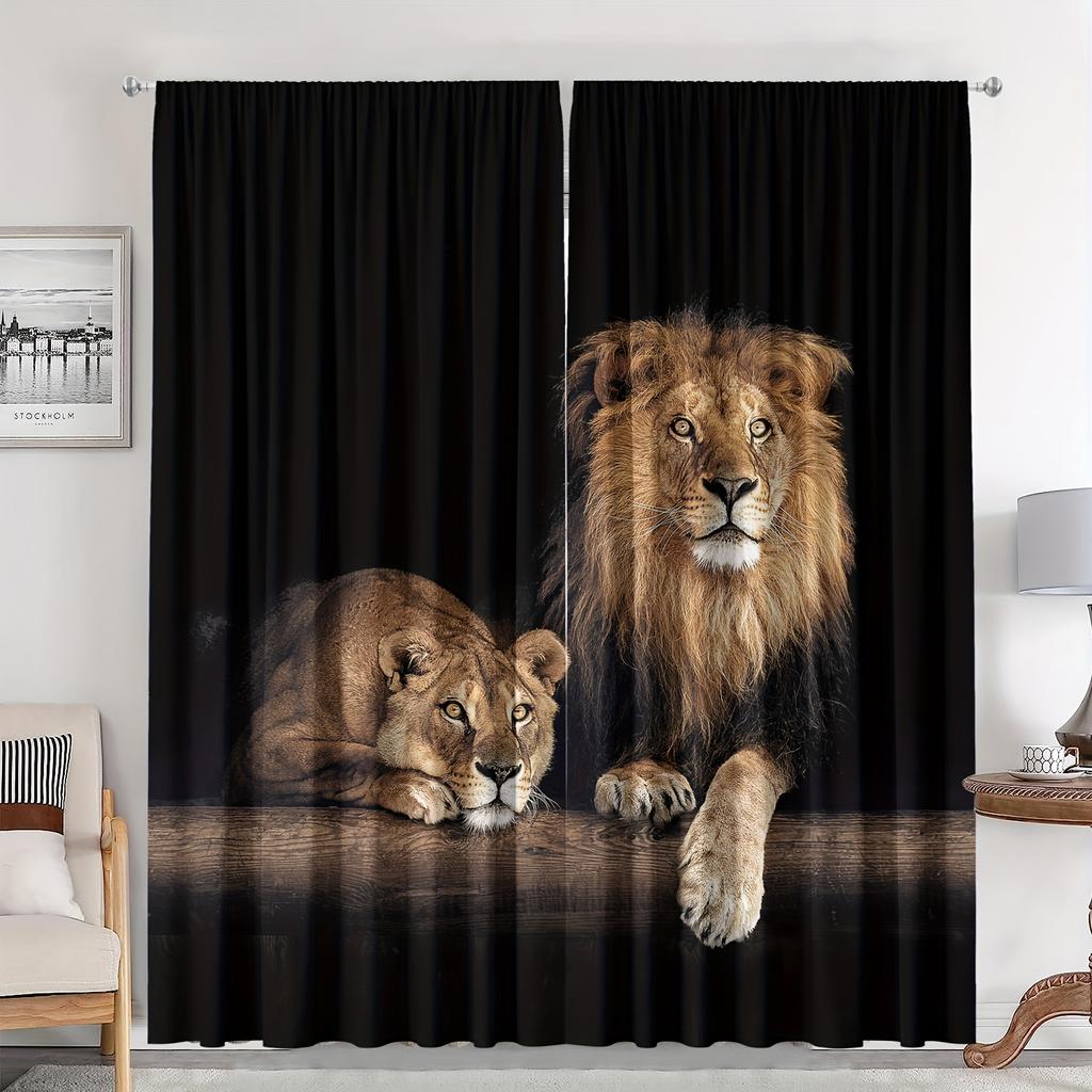 2pcs Elegant Lions And Romantic Rose Print Curtains For Home Decor For Bedrooms Office Kitchen Living Room Study Decor Rod Pocke