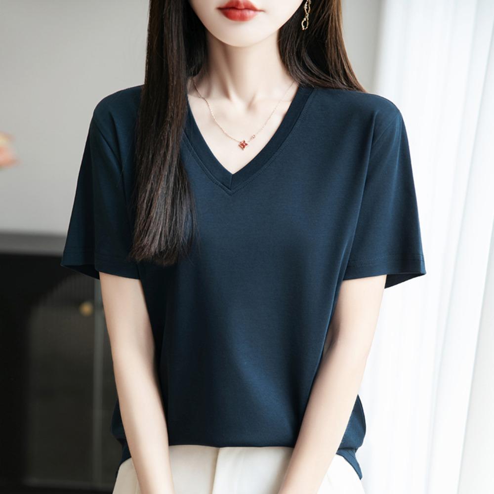 2026 Summer New  V-neck Short-sleeved T-shirt Women's Solid Color Joker Pullover Shirt with Loose Sleeve Bottom Shirt