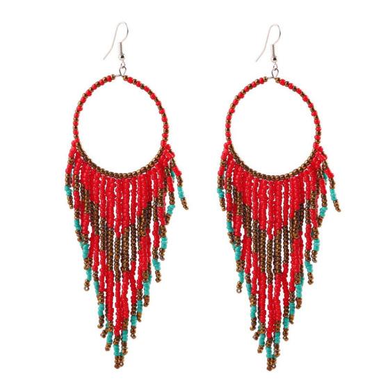 

Bohemian Women Beads Tassel Round Dangle Long Hook Earrings Statement Jewelry червоний