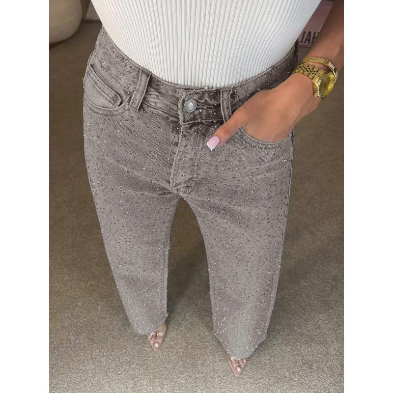 Shiny Rhinestone Jeans Pants Sexy Women High Waist Elegant Night Club Diamonds Denim Straight Trousers