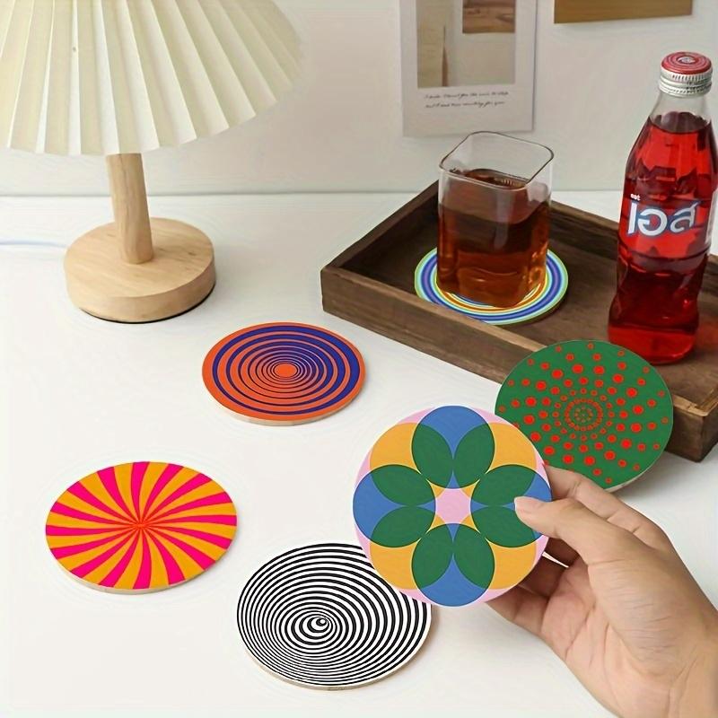 6 Pcs 4in Abstract Round Wooden Coasters Heat Resistant Non-slip Drink Cafe Decoration 2D FLat Color Print Orange Coasters Set