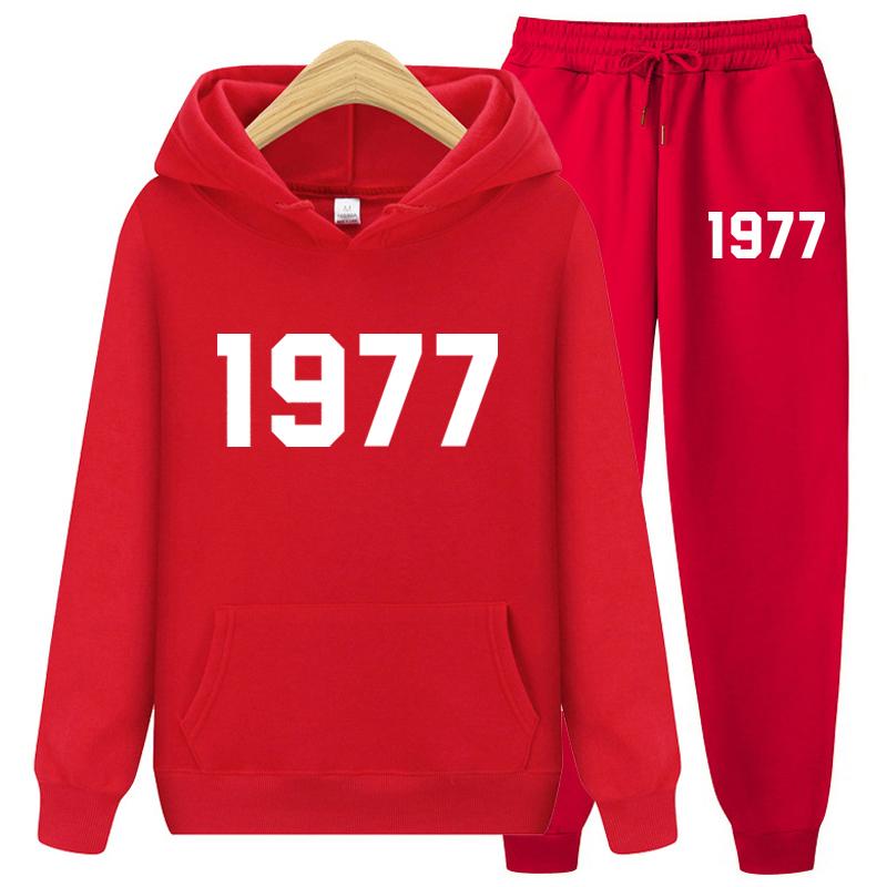 1977 Hoodie Two-Piece Sets Hoodie Set Men and Women Fashion Brand High Street Loose Fleece Autumn Winter Warm Hoodies+Pants Set