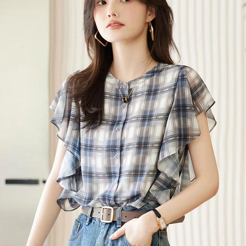 Damen Kurzarm Sommer Neues Modisches Hemd Koreanischer Stil Feminines Rüschen Chiffon Hemd Top