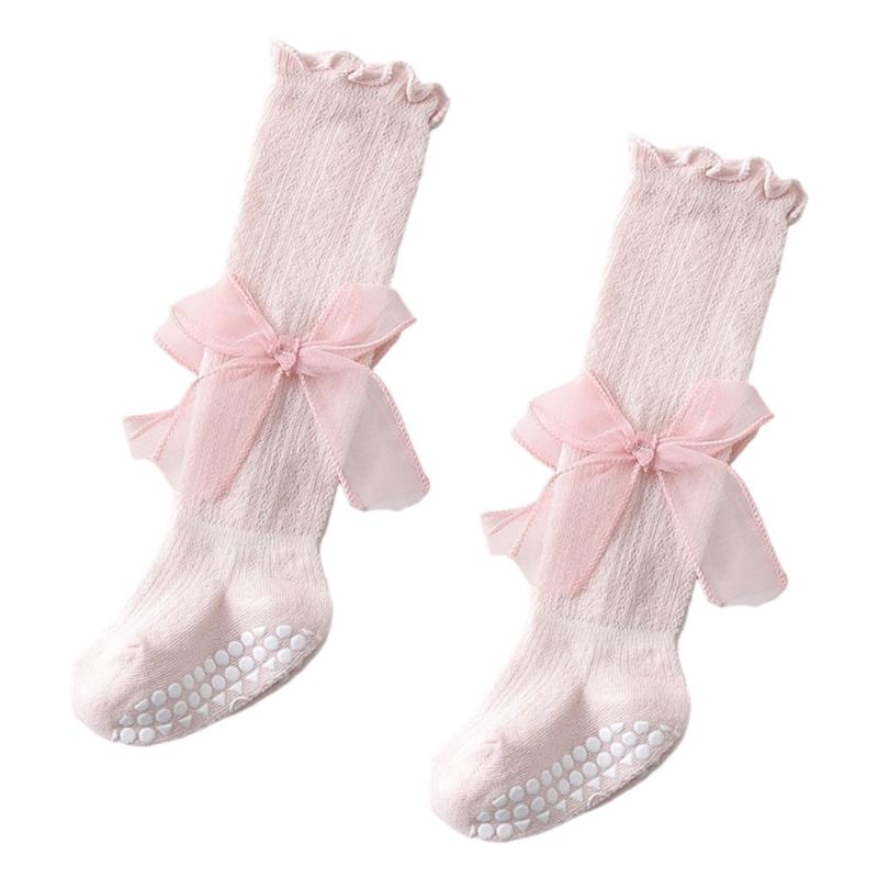 

Breathable Mesh Design Children s Long Socks Nonslip Grip Dotted Stockings Cotton Bowknot Accent Summer Wear M розовый