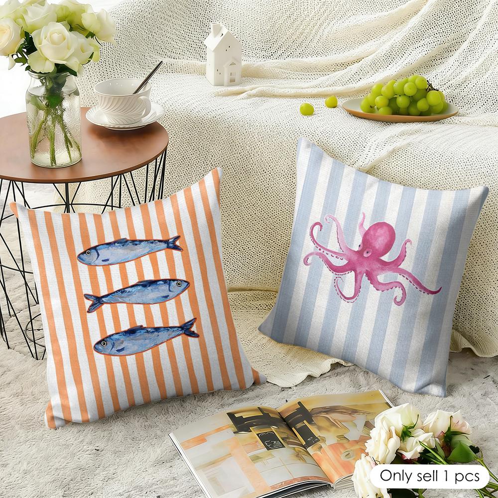 Ocean Life Theme Striped Cushion Cover Natural Linen Organic Fabric DoubleSided Printing Sofa Home Decor Gift Pillow Case
