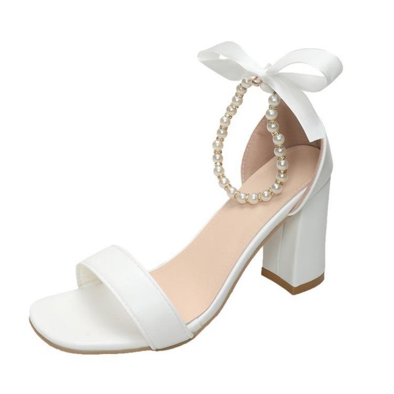 Hochhackige Sandalen Damen Sommer Perle Schleife Schnalle Einzeilig Vielseitige Sandalen