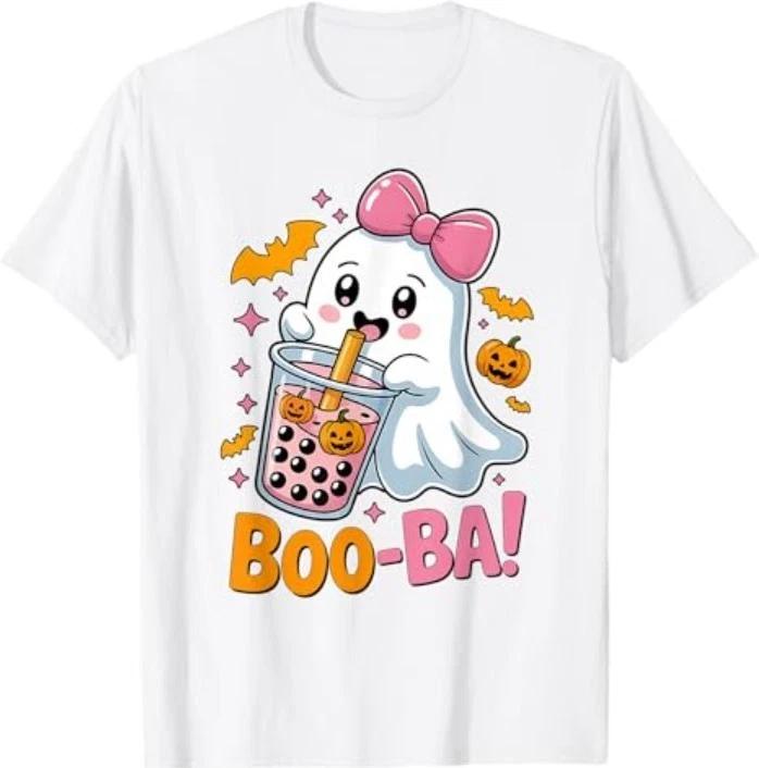Kawaii Boba Cute Boo Ghost Halloween Girl Women Coquette Bow T-Shirt S