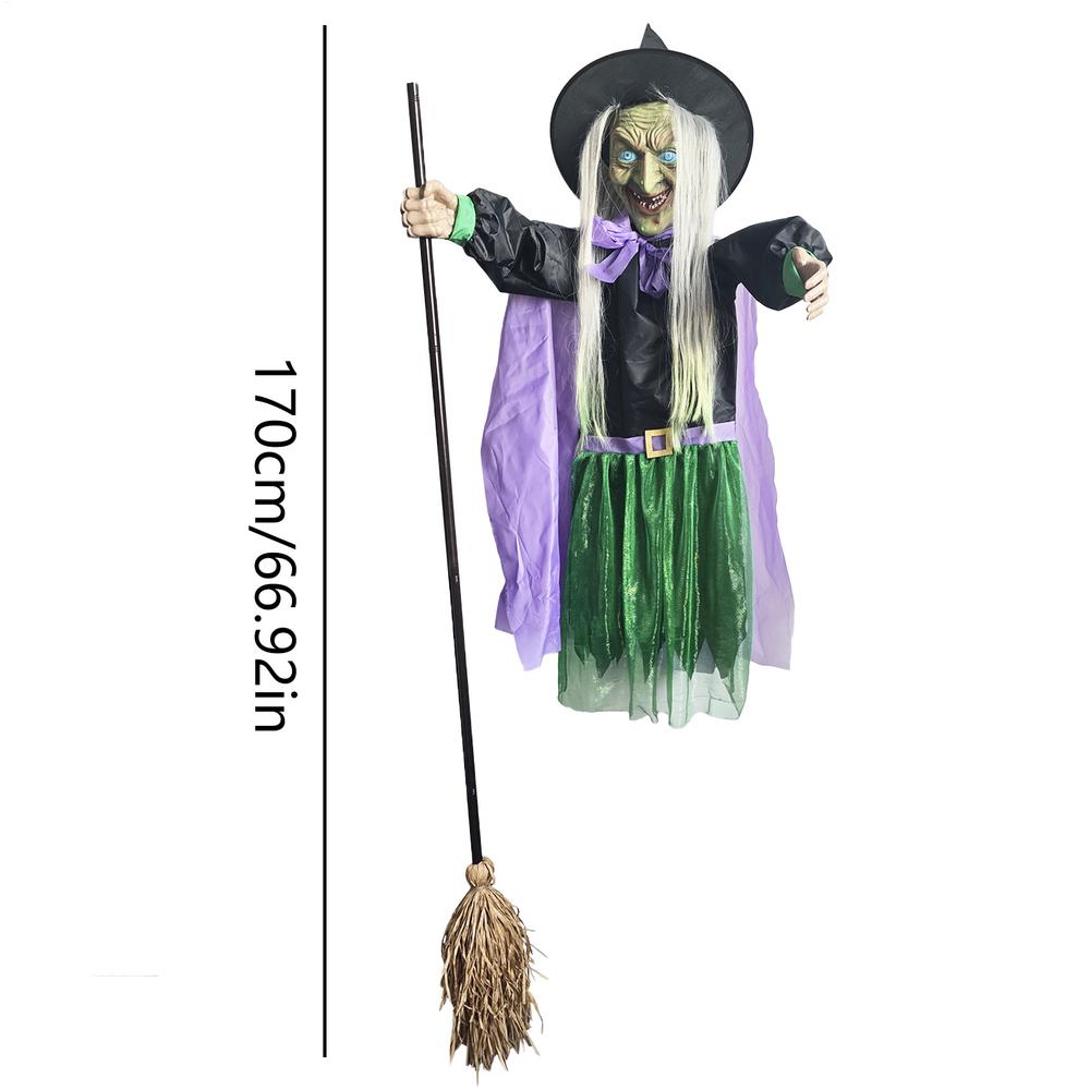 Flying Witch Halloween Decor Hover Witch Horror props with Scary Sound Halloween decor garden broom witch for Garden Yard Lawn