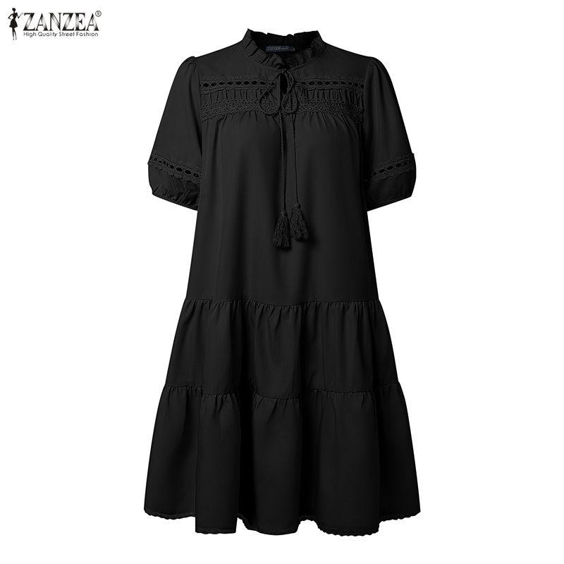 ZANZEA Women Casual Round Neck Short Sleeve Lace Patchwork Dress