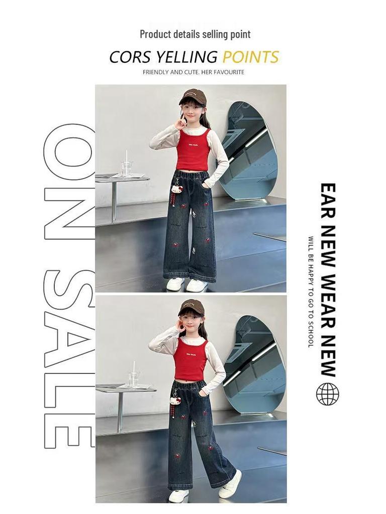 Jeans Elegantes de Terciopelo de Pierna Ancha para Niñas Otoño/Invierno 2025 para Estudiantes de Secundaria