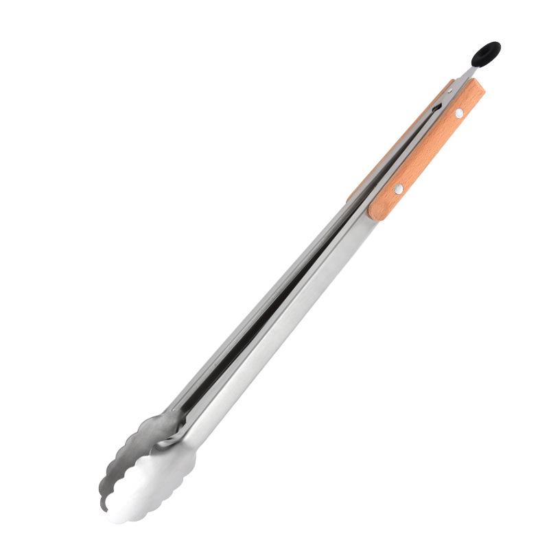 Beechwood-Handled Stainless Steel Food Tongs for Grilling and Serving Steak, Bread, and Cooked Meats.