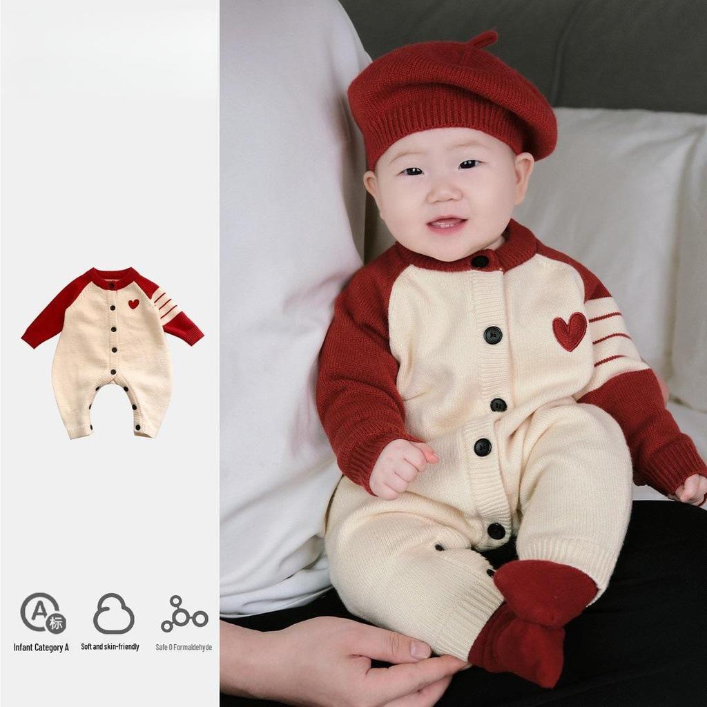 Autumn Korean Style Baby Boy Knitted Romper - Fashionable Infant Sweater Suit for Crawling