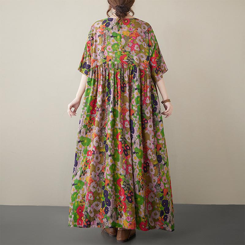 Summer Plus Artistic Retro Loose Round Neck Pullover Mid Length Short Sleeved Dress for Women Casual Dresses