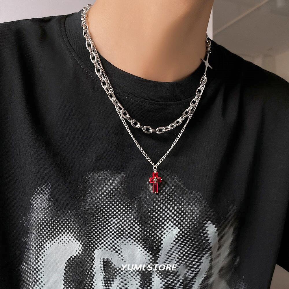Titanium Steel Bright Red Cross Necklace for Man Trend Double-layer Collarbone Choker Male Pendant Kpop Gift Wholesale