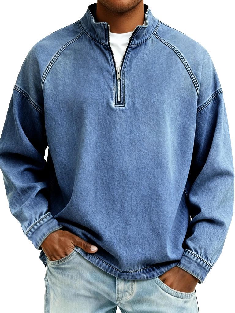 Men's Washed Solid Color Pure Cotton Hoodie with Stand-Up Collar and Half-Zip Closure for Autumn/Winter